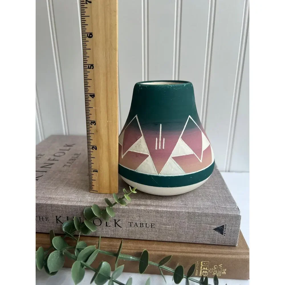 Vintage Sioux Native American Pottery Vase Signed Blue Green Pink Flare Bottom